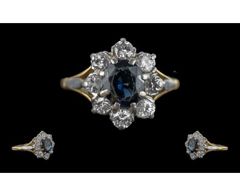 Ladies - 18ct Gold and Platinum Sapphire and Diamond Set Cluster Ring, Flower head Design. Marked 18ct to Interior of Shank. 