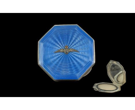 Ladies Sweetheart Octagonal Shaped Sterling Silver and Star burst Blue Enamel Compact with the R.A.F Winged Logo to Centre of