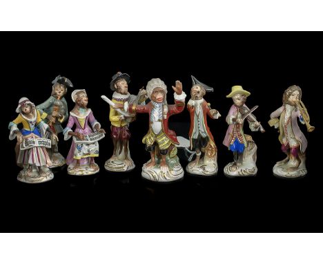 Volkstedt - Fine 19ct Century Hand Painted Porcelain ( 8 ) Piece Monkey Band with Vivid Enamel Painted Colour to Each Figure.