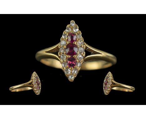 Antique Period Ladies 18ct Gold Exquisite / Petite Ruby and Diamond Set Ring. The 3 Central Rubies of Good Colour, Surrounded
