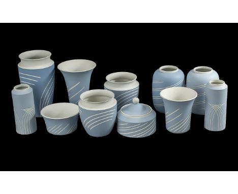 Collection of Wedgwood Striped Blue &amp; White Design Pottery, including vases, trinket boxes, bud vases, bowls, etc. 10 pie