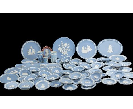 Box of Wedgwood Powder Blue Jasper, including trinket boxes, tray, vases, plates, trinket dishes, etc. Approx. 50 items.