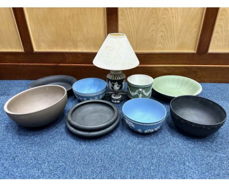 A Collection of Jasperware Wedgwood, including a Kelly Hoppen Wedgwood Bowl, jardiniere, two large Blue Jasper bowls, large W