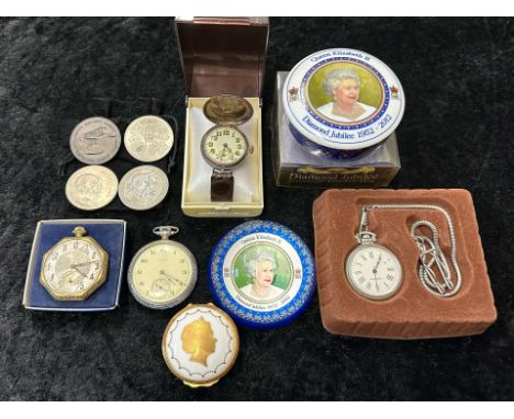 Box of Collectibles, including a Queen Elizabeth Diamond Jubilee trinket box, Queen Elizabeth Diamond Jubilee Paperweight, Di