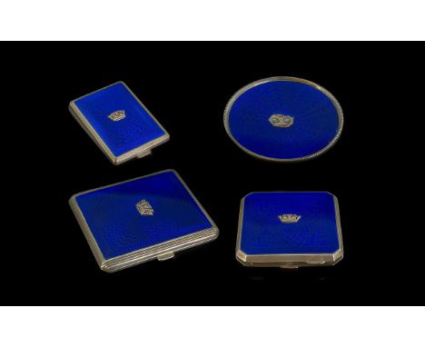 Ladies - Matched Set of Blue Enamel on Sterling Silver Pieces. Each with Silver Crest on Blue Enamel. Comprises 1/ Compact. 2