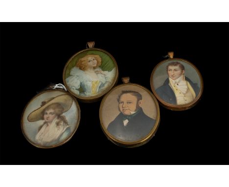 A Collection of Four Early to Mid 20th Century Portrait Miniatures, oval shapes, two look to be highlighted prints, and two p