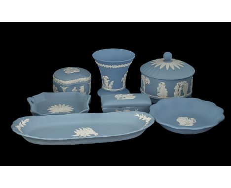 Small Collection of Wedgwood Blue Jasper, comprising dressing table tray, square dressing table tray, lidded trinket box, sma