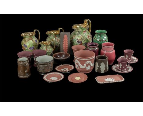 Box of Assorted Wedgwood, including four floral decorated gilt trimmed jugs, largest 12'', assorted terracotta pin dishes, pl