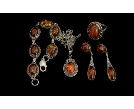 Small Set of Amber &amp; Silver Jewellery, comprising a pendant and chain, a bracelet formed of six oval amber stones set in 
