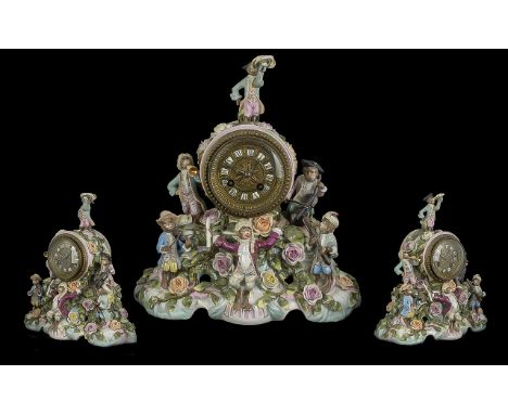 Volkstedt Hand Painted 19th Century Monkey Band Figure Mounted Mantel Clock of Impressive Form. Embellished with Floral Decor