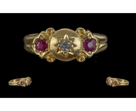 Antique Period Attractive 18ct Gold Ruby and Diamond Set Ring, Pleasing Design. Full Hallmark to Interior of Shank. Rubies an