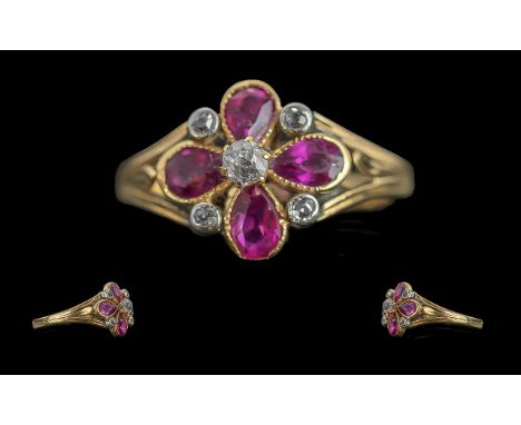 Edwardian Period 1902 - 1910 Exquisite 18ct Gold Ruby and Diamond Set Ring. Not Marked but Tests 18ct Gold. The Tear - Drop R