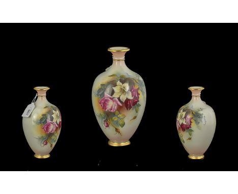 Royal Worcester Hand Painted Porcelain Ovoid Shaped Floral Vase, Decorated to Body with Hand Painted Floral Images. Date 1914