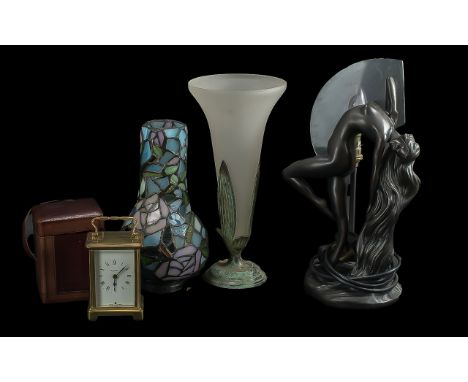 Box of Collectibles including Art Deco style lamp, modern vase by Barclay and Bodie, coloured mosaic glass lamp top, and a bo