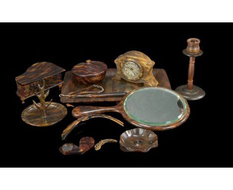 Tortoiseshell Effect Dressing Table Set, comprising a tray, ring tree, trinket box, shoehorn, clock, mirror, etc.