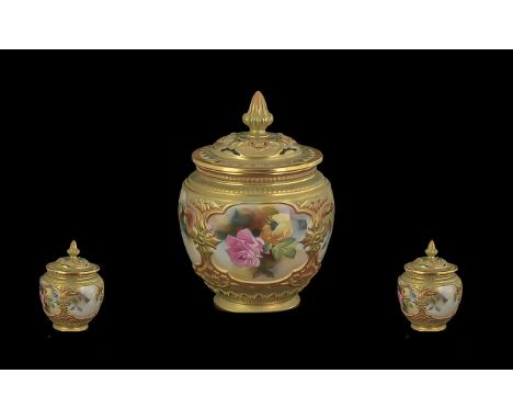 Royal Worcester Hand Painted Porcelain Lidded Jar / Vase, Decorated with Images of Roses to Panels with Painted Gold Overlays