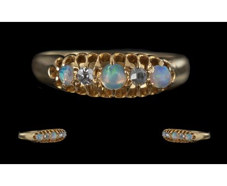 Edwardian Period - Ladies Attractive and Petite 18ct Gold 5 Stone Opal and Diamond Set Ring. Gallery Setting. Full Hallmark t