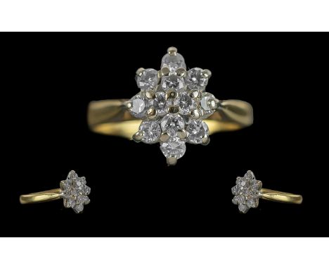 Ladies 18ct Gold Pleasing Diamond Set Cluster Ring. Full Hallmark to Interior of Shank. Well Matched Diamonds of Good Colour 