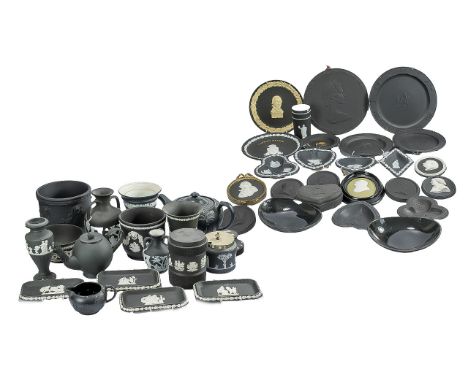 Quantity of Wedgwood Black Basalt, to include fern pots, tea pots, trinket dishes, medallions, vases, etc.  Approx. 30 pieces