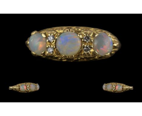 Victorian Period 1837 - 1901 Excellent 18ct Gold Opal and Diamond Set Ring in ornate setting, full hallmark for Birmingham 18