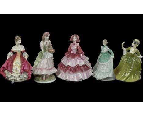 Collection of Five Lady Figurines, comprising Coalport Daphne, Worcester The Queen of the May (Hand Missing), Coalport figure