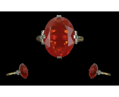A 1920's Excellent Quality 18ct Gold Single Stone Orange Fire Opal Set Ring. With Diamond Set Shoulders, Marked 18ct to Inter