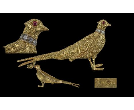 Queen Elizabeth II Superb 18ct Gold Pheasant Bird Brooch - Collar Of Bird Set With Diamonds. Ruby Set Eye. Hallmark Birmingha