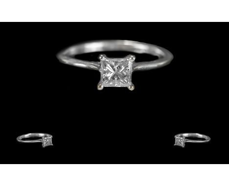 Ladies 18ct White Gold Single Stone Diamond Set Ring. Full Hallmark to Interior of Shank. The Princes Cut Diamond of Excellen