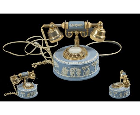 Wedgwood - Vintage Jasper Ware Powder Blue Astral Telephone, Embellished In Gold Paint Highlights Decorated with The Classica