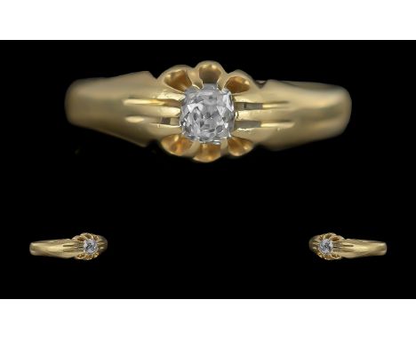 Edwardian Period 1901 - 1910 Gents 18ct Gold Single Stone Diamond Set Ring, Gypsy Setting. Full Hallmark to Interior of Shank