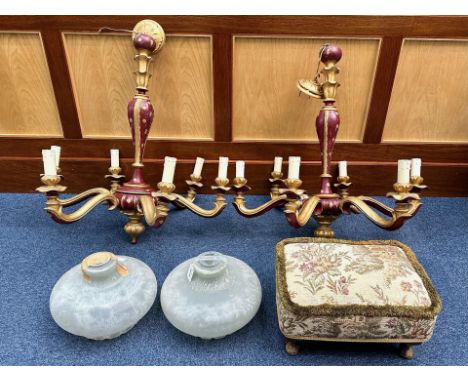 Two Wooden Chandeliers, painted in burgundy and gilt. Five branch with candle lights, circa 1920's.  Together with two glass 