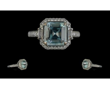 Ladies - 18ct White Gold Pleasing Quality Aquamarine and Diamond Set Dress Ring. Full Hallmark to Interior of Shank. The Cent