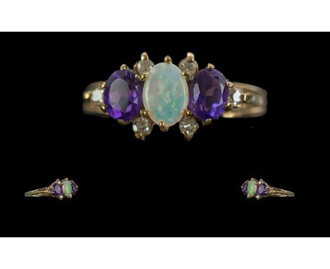 Ladies - Attractive 9ct Gold Opal, Amethyst and Diamond Set Ring of Pleasing Design. Full Hallmark to Interior of Shank. All 