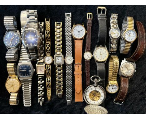 Collection of Gents &amp; Ladies Wristwatches, leather and bracelet straps, including Buler, Roma, Rotary, Fossil, Timex, W. 