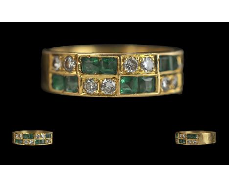 Ladies Superb 20ct Gold Emerald and Diamond Set Ring, marked 850 = 20ct to interior of shank, the princess cut emerald of exc