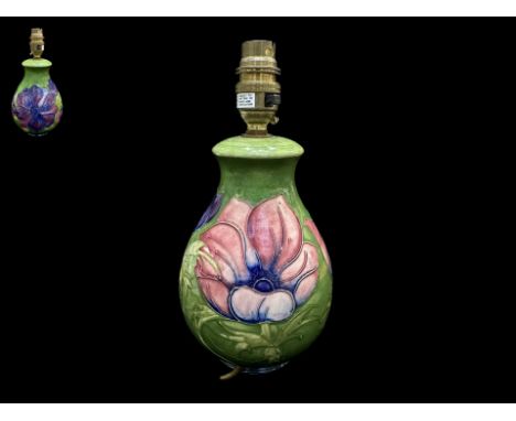 Moorcroft Tubelined Lamp Base. c.1980's. Anemone Design, Various Flowers on Green Lustre Ground. Height 11.25 Inches - 28.15 