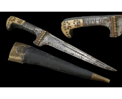 19th Century Pesh-Kabz Dagger - India/Afghanistan 20.5 cm steel blade.  Bone scales to grip, scabbard adapted leather on wood