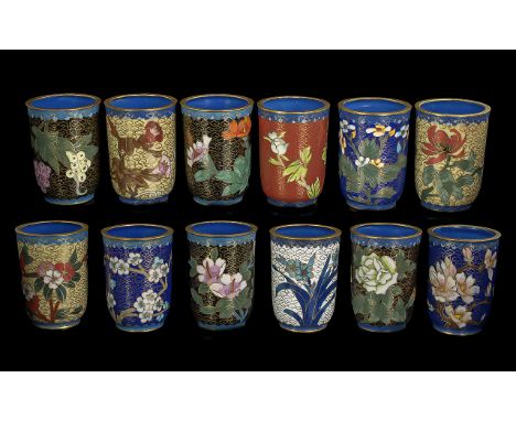 Collection of Decorative Cloisonne Enamel Coffee Cans with bases.  12 in total.