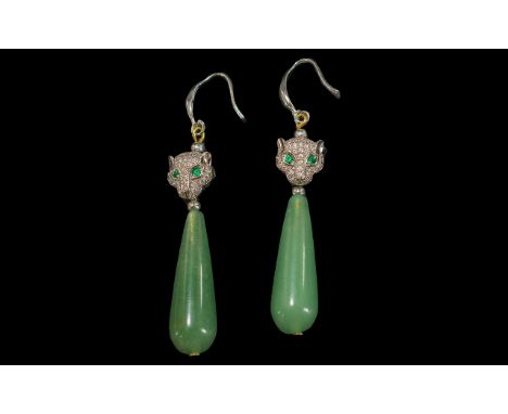 Jade Panther Ear Pendants, for pierced ears, approx. 2'' length.
