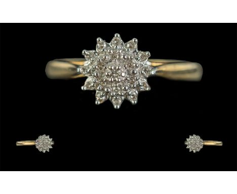 Ladies 9ct Gold Diamond Cluster Dress Ring. Stamped to Shank. Ring Size N. Weight 1.7 grams. 