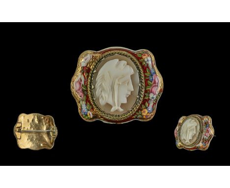 Antique Period - Pleasing Quality Ladies - Excellent 18ct Gold and Enamel Set Cameo Brooch, Depicting a Young Woman Head ( Pr
