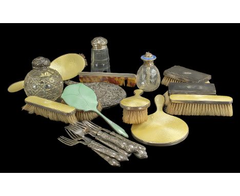 A Collection of Silver Related Items to include an enamel back dressing table brushes and mirrors, a hand mirror frame, cigar