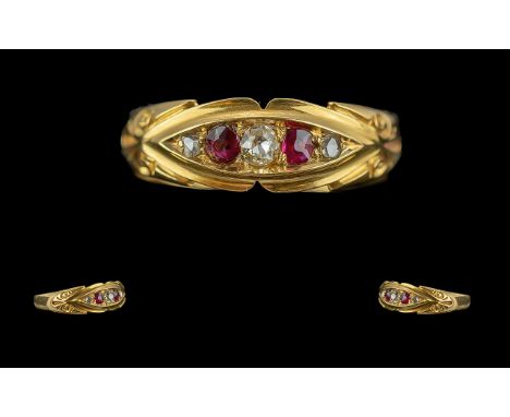 Antique Period 18ct Gold 5 Stone Diamond &amp; Ruby Ring, full hallmark to interior of shank.  Birmingham 1896.  Rubies and d