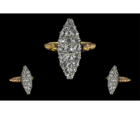 Edwardian Period 1901 - 1910 Ladies 18ct Gold Excellent Quality Diamond Set Marquise Shaped Dress Ring, Marked 18ct to Interi