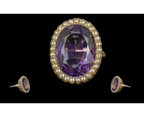 Early to Mid 20th Century Ladies - Attractive and Impressive 9ct Gold Amethyst and Pearl Set Dress Ring. Marks Rubbed but Tes