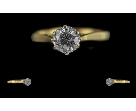 18ct Gold Excellent Quality Single Stone Diamond Set Ring - Full Hallmark to Interior of Shank. The Round Brilliant Cut Diamo
