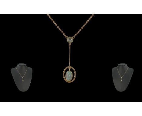 Antique Period - Attractive and Pleasing Design 9ct Gold Opal Set Pendant with Integral 9ct Gold Chain, Marked 9ct. The Opal 