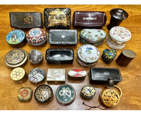 Collection Of 25 Miniature Boxes, To Include Paper Mache, Snuff Boxes. Pill Boxes, Ceramic, Wood, Metal etc