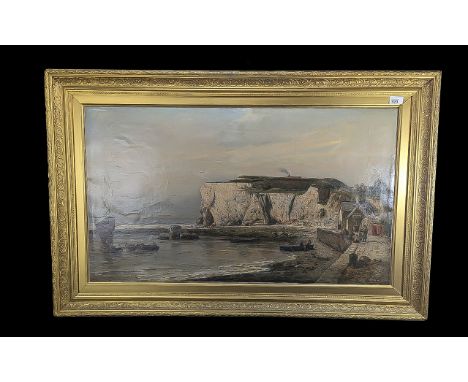 Large Oleograph depicting cliffs and boats in a quayside. Measures overall 28" x 44" approx.  Framed in an ornate gilt frame.