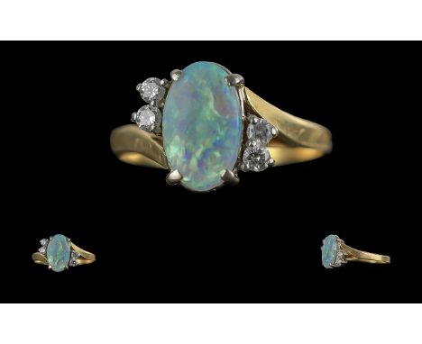 Edwardian Period 1901 - 1910 Ladies 18ct Gold Opal and Diamond Set Ring, marked 18ct to shank, the oval shaped opal, of good 